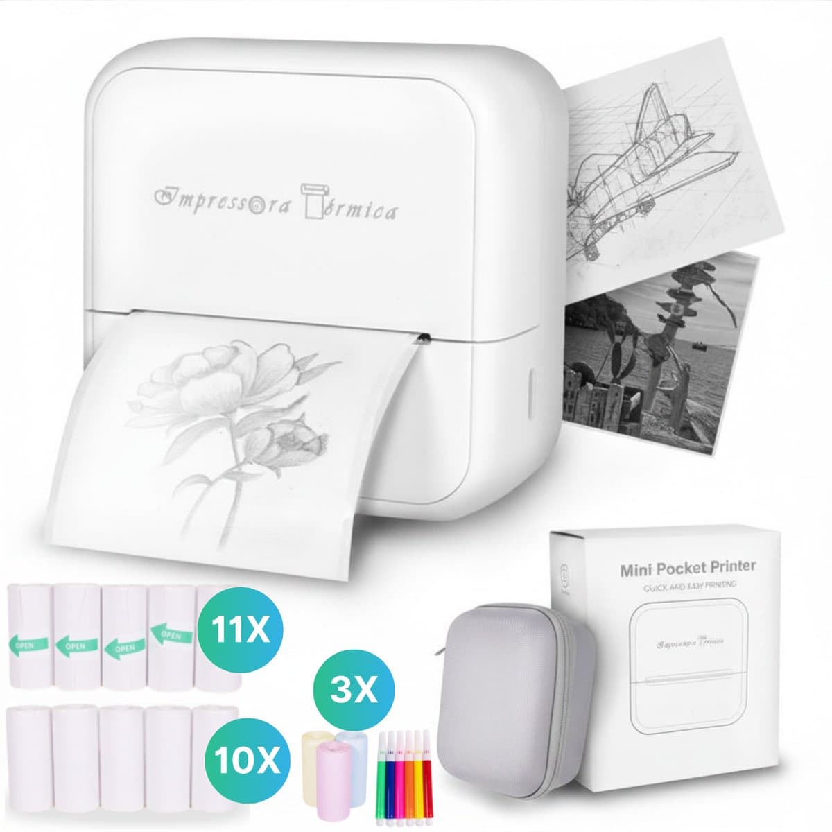 Impressora Térmica® - Mini printer - 300 DPI - Pocket printer - Fotoprinter voor mobiel - Labelprinter - Thermische printer - Met grijze opberghoes - Inclusief 24 Rollen Papier En Kleurpennen - School - Draadloos - Wit