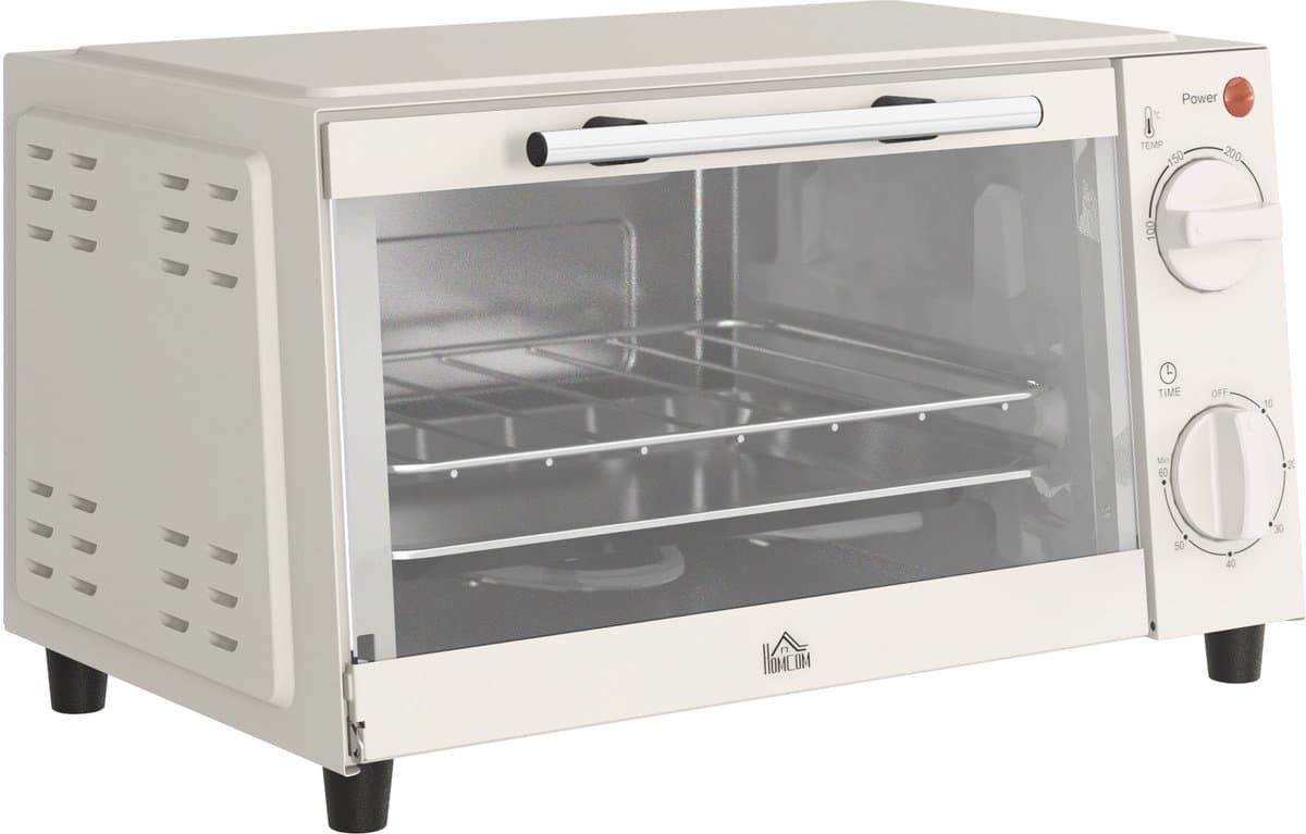 Mini oven - Compacte elektrische oven - Instelbare temperatuur 100-230°C - 60 min timer - 9 liter - Voor camping en kleine keuken - 35x24,6x20 cm - Crèmewit