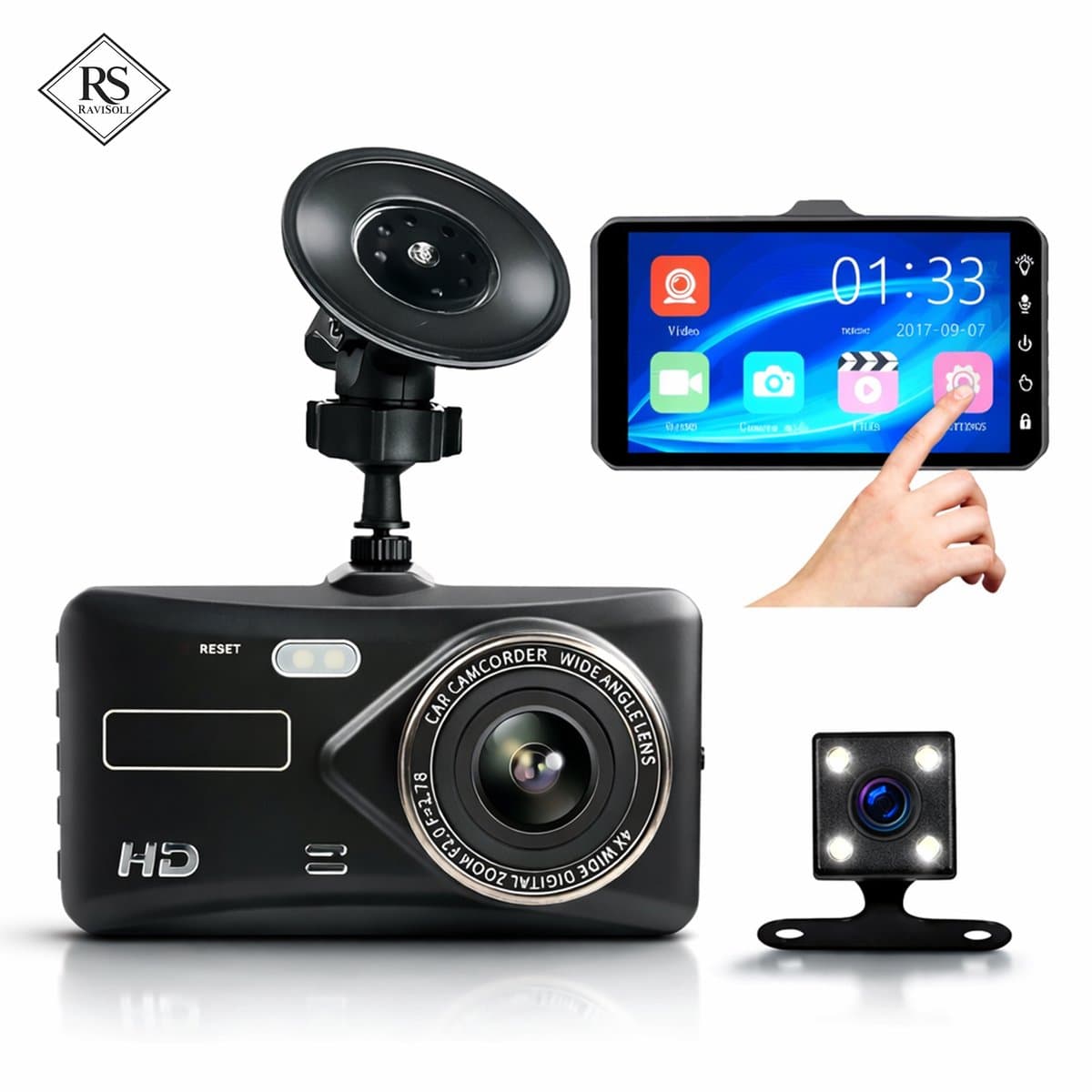 RaviSoll Dashcam Auto – Dual Dashcam Voor en Achter – Full HD Opname – 170° Groothoeklens – Parkeermodus – Nachtzicht – Eenvoudige Installatie