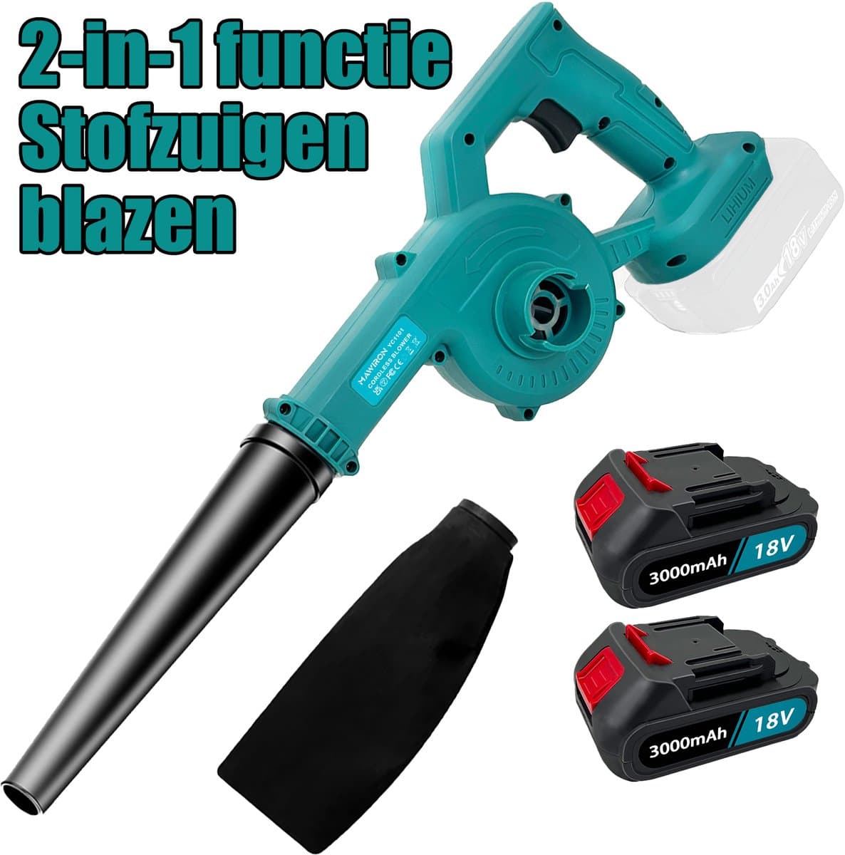 Draadloze bladblazer, 15000 tpm, elektrische bladblazer met 2 x 3,0 Ah accu's en oplader, instelbare snelheidsstanden, krachtige blazer voor gazononderhoud, terras, stof en het wegblazen van bladeren.