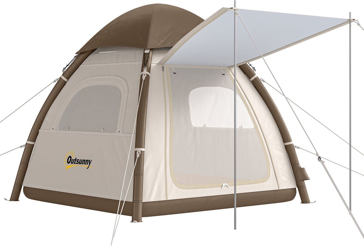 Outsunny Opblaasbare Camping Tent-Oxford-stof, TPU-220L x 220B x 200H cm-Crème wit