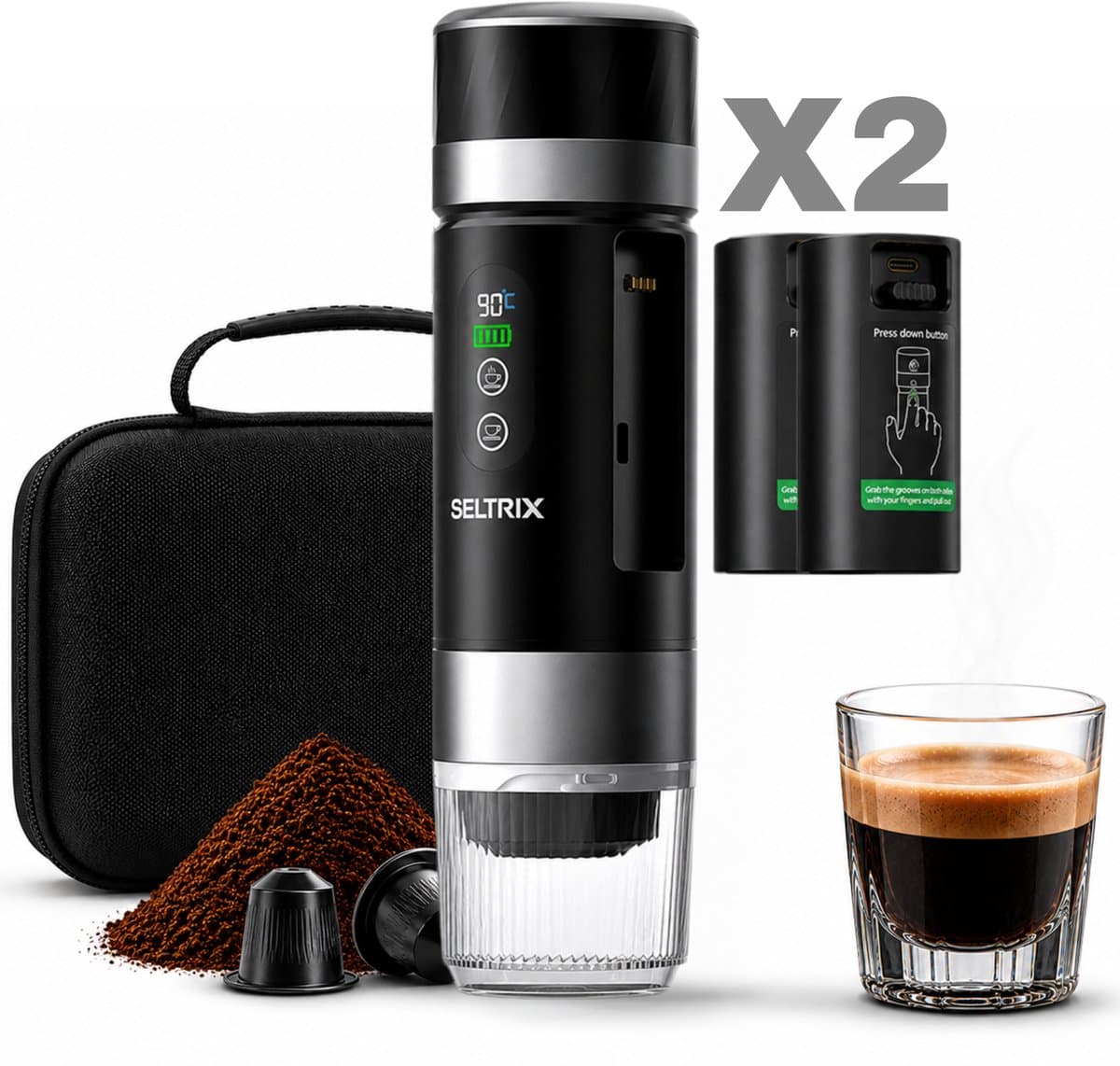 Draagbare koffiemachine - Verwisselbare Accu + 1 extra accu - 20 Bar - Inclusief Beschermhoes - 150 ml - 7500 mAh - Draagbaar koffiezetapparaat - Cups & Gemalen Koffie - Camping & Reizen - Espresso & Lungo - Seltrix - Zwart