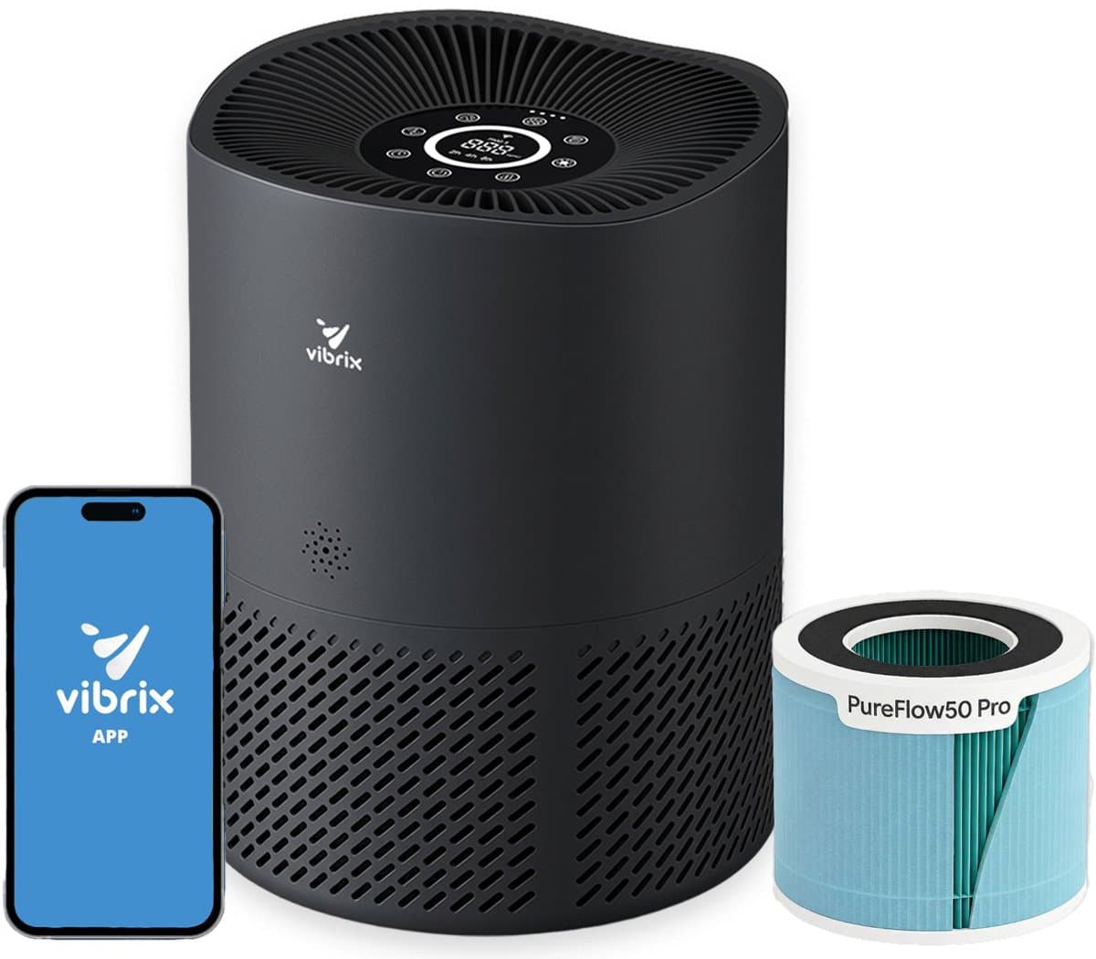 Vibrix PureFlow50 Pro Luchtreiniger / Air Purifier – EPA 14 + koolstoffilter – 350 m³/u – Voor kamers tot ca. 50 m² – Ionisator – App-bediening – Zeer stil met slaapstand – Luchtkwaliteitindicator