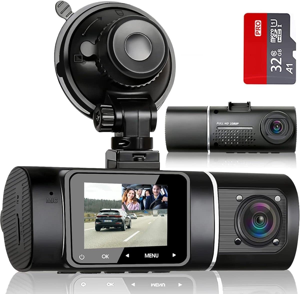 Dashcam - Dashcam voor auto -32G -ViewDash Cam Interieur - 310° groothoek - Autocamera met parkeerbewaking, bewegingsdetectie, infrarood nachtzicht, G-sensor, loopopname, HDR, batterij