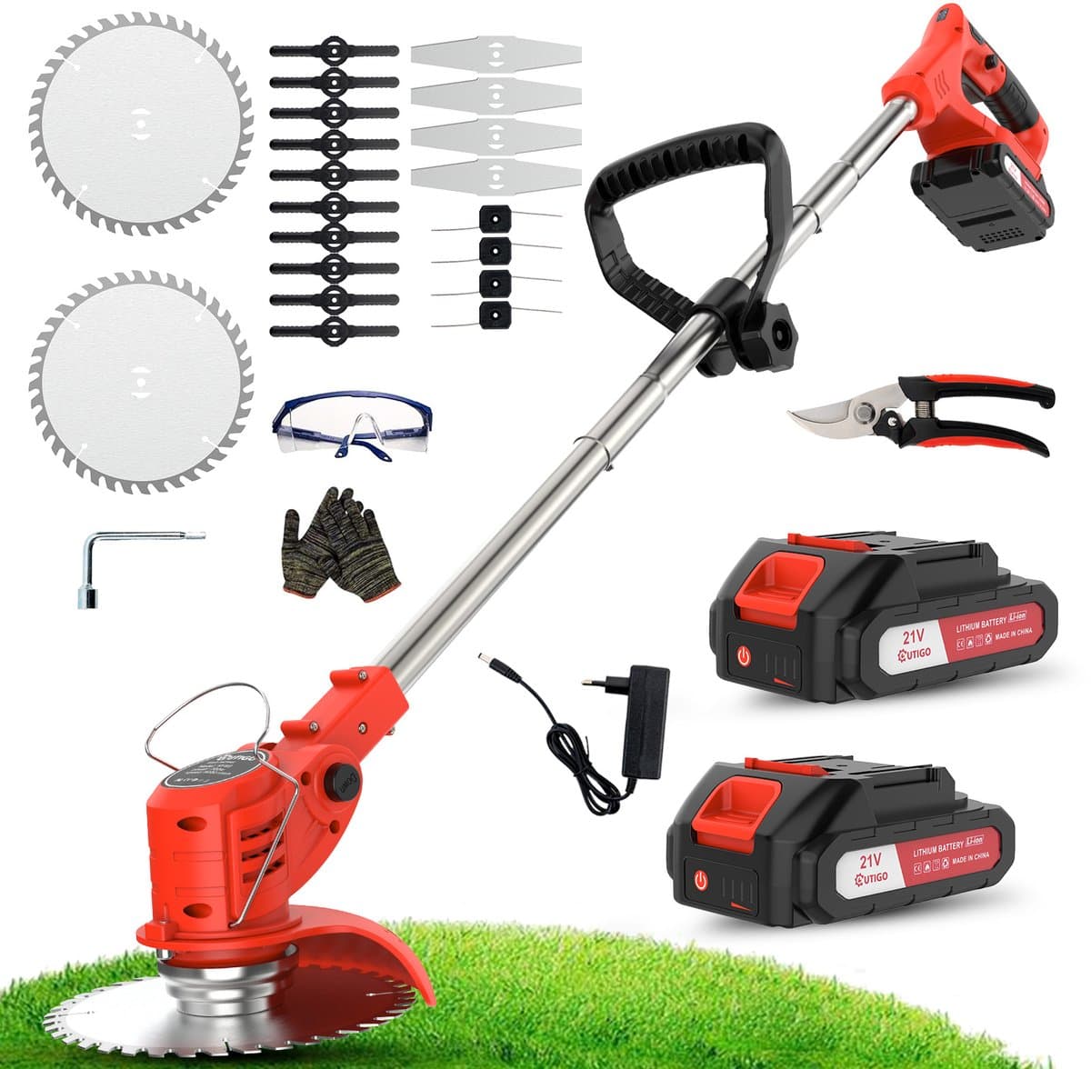 Accu grastrimmer met accu, gazonkantentrimmer met 2 accu's 21V en 4 mestypen + 1 tuinschaar, opvouwbare grasmaaier-Rood