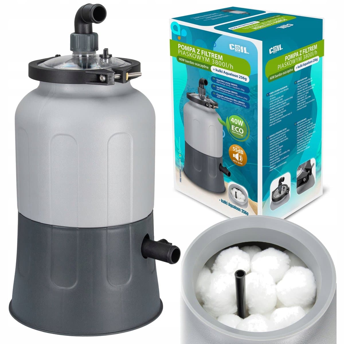 COIL Zandfilterpomp 3800 l/u (40W ECO) – Inclusief Aqualoon filterballen 256g – Stil 55 dB – Voor zwembaden tot 15 m³ – 32 mm aansluiting
