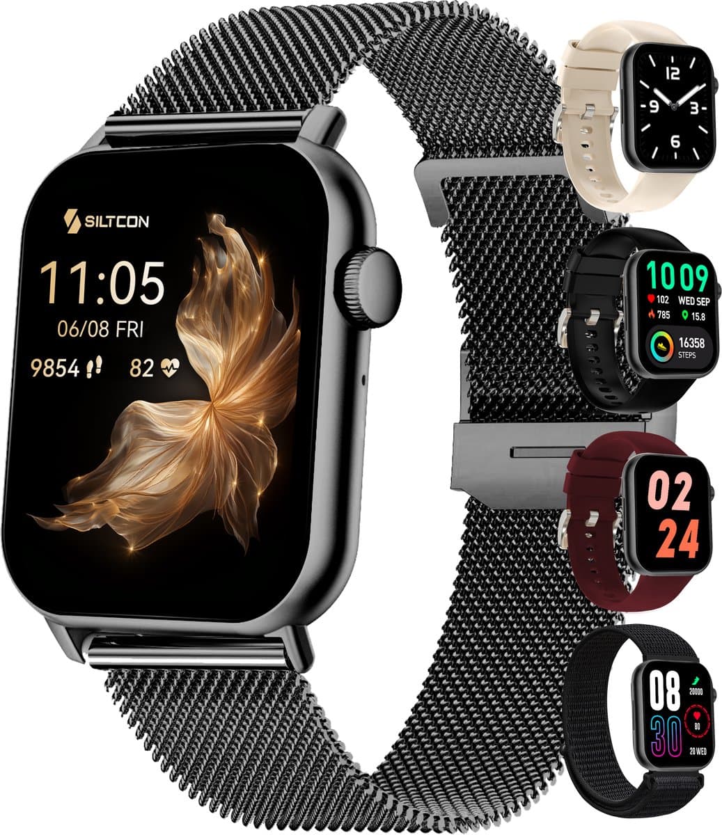 Siltcon® Seréa Smartwatch Dames - Smartwatch Heren - Horloge Dames - Stappenteller Horloge Dames - Hartslagmeter - Slaapmonitor - Saturatiemeter - Belfunctie - Geschikt voor iOS/Android - AMOLED - RVS - Elke pols - Incl. 5 Bandjes