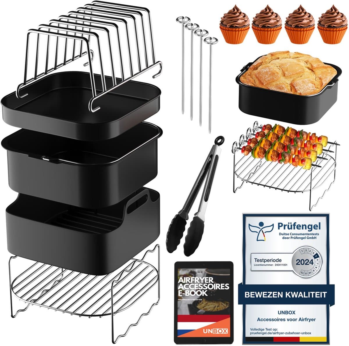 UNBOX Airfryer Accessoires - Complete Set voor Philips Airfryer 6,2L - Princess Airfryer XL 5,5L, 6,5L - Ninja Airfryer XXL 6,2L - Inclusief Airfryer Siliconen Bakje & e-Receptenboek