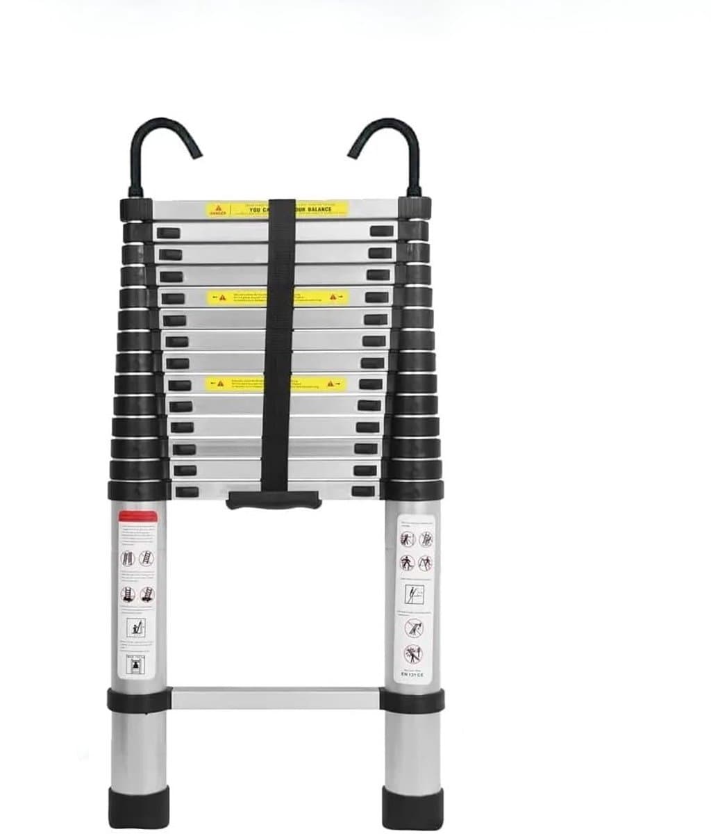 Uitschuifbare ladder 6.2 m – Telescopische vouwladder – Aluminium constructie – Antislip poten – Vergrendelbare treden – Inklapbaar ontwerp – Draagbaar – 150 kg draagvermogen – Met afneembare haken