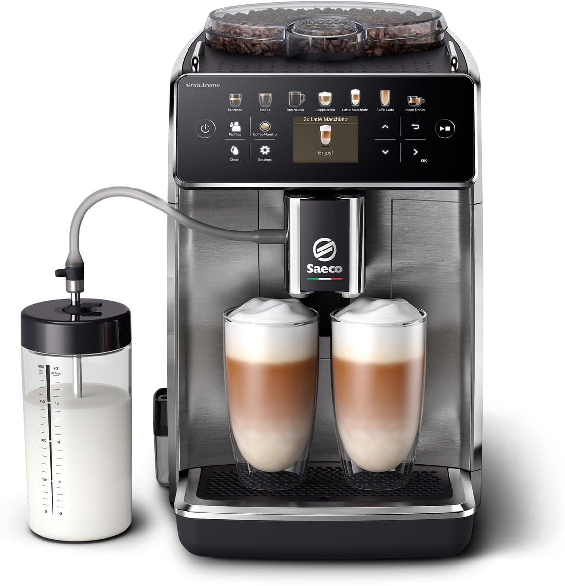 Saeco GranAroma SM6585/00 - Espressomachine - 16 Dranken met melksysteem - Volautomatisch - Koffiemachine met bonen + AquaClean filter - Metaal/Zwart