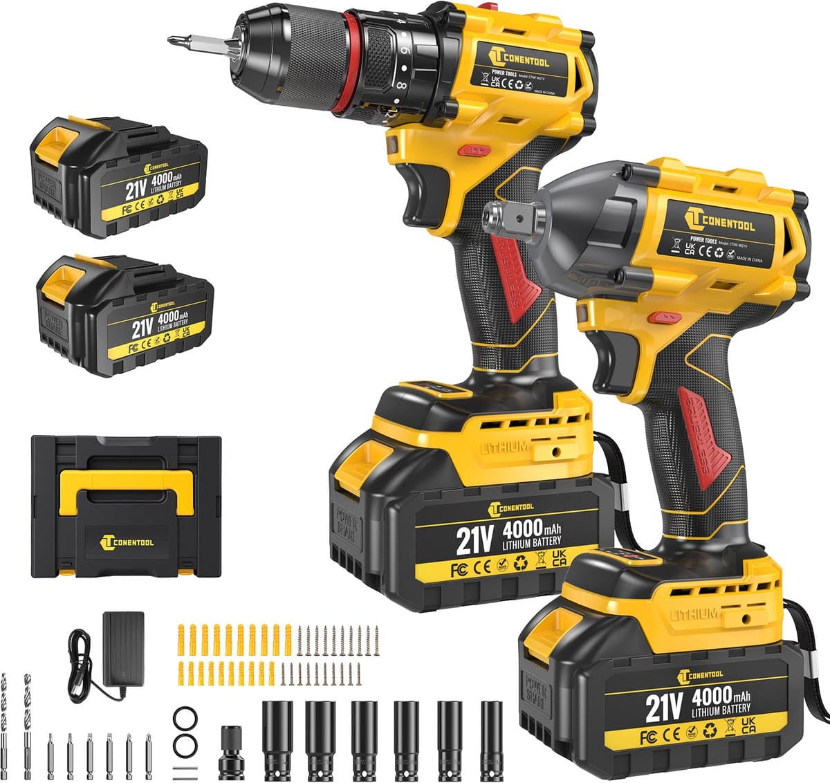 CONENTOOL 21V 2-in-1 Gereedschapsset – 700Nm Accu Slagmoersleutel en 55Nm Boormachine – Incl. 2x 4.0Ah Accu, Snellader en Accessoires – Voor Auto-onderhoud en Klussen