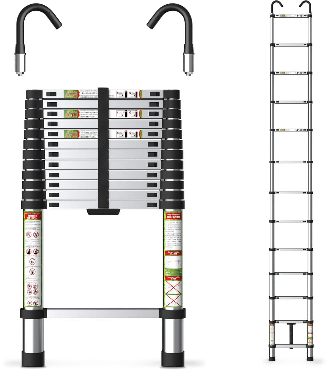 FelixKing aluminium telescopische ladder met stabiele haak, inklapbare ladder van 2,6 tot 5 meter met antislipvoetjes, lichtgewicht draagbare uitschuifladder voor huishoudelijk en buitengebruik, draagvermogen van 136 kg voor thuis, zolder en vliering