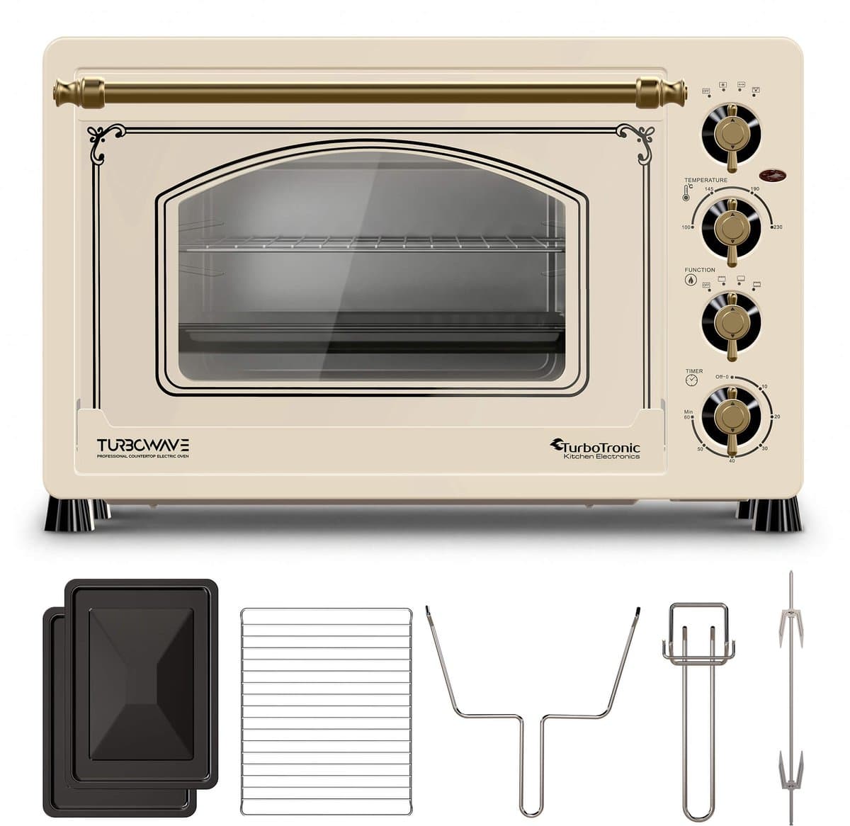 TurboTronic R45 Vrijstaande Oven – Retro Stijl – 45 Liter Mini Oven – 2000W – Inclusief Draaispit en Bakplaten – Beige