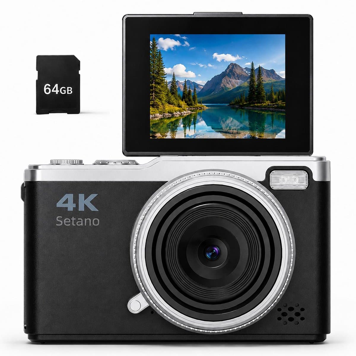 Setano® Digitale Camera – 4K Ultra HD – Incl. 64GB SD Kaart – Compact Fototoestel & Vlogcamera – Voor Volwassenen & Kinderen – Zwart