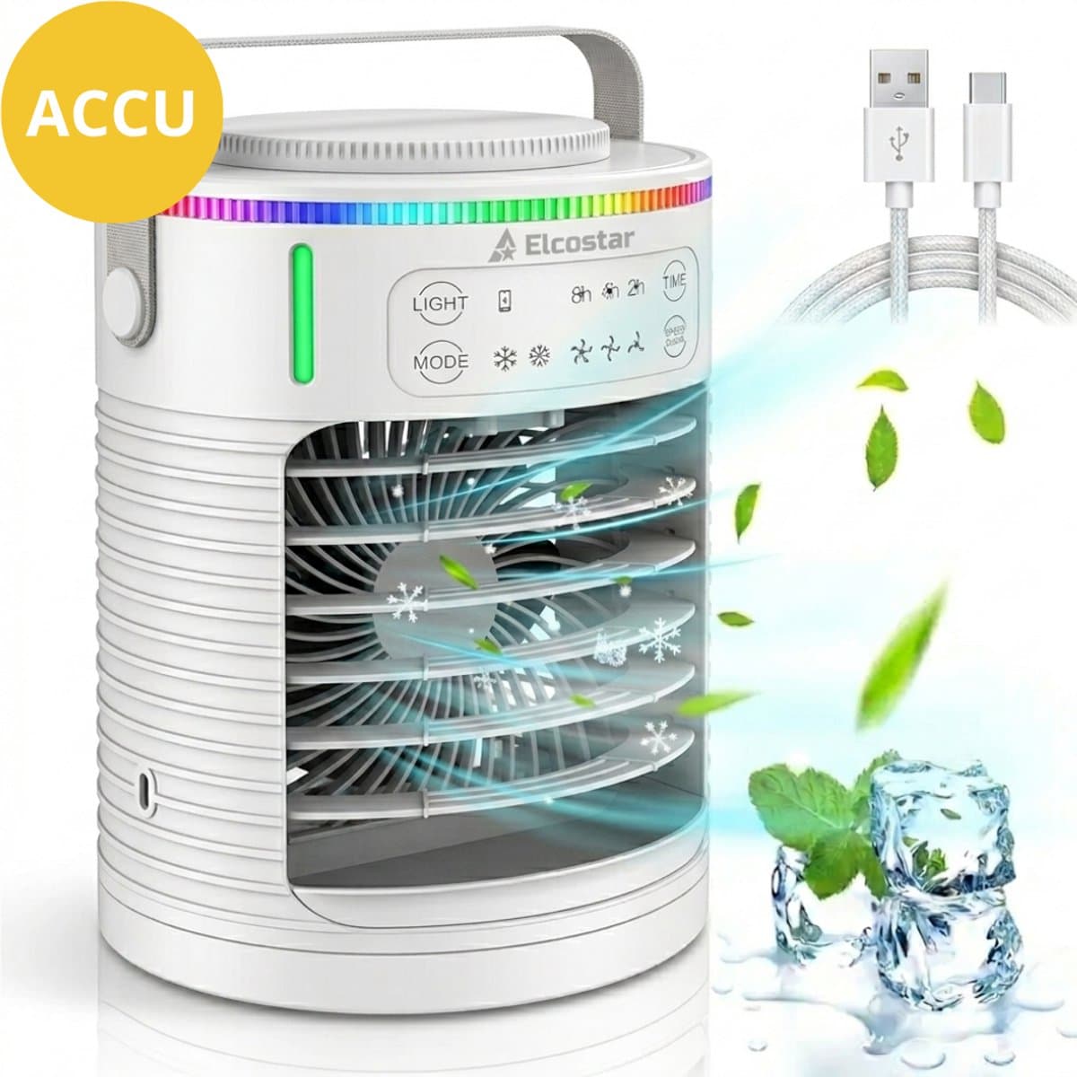 Elcostar® PRO Portable Airco met Accu - Mini Airco - 2026 Model - Mobiele Airco - Luchtkoeler 4-in-1 - 4 windsnelheden, 2 luchtbevochtingsstanden & Timer - Aircooler - Draagbare Airco - Lekvrij - Airco - Ingebouwde Accu - Wit
