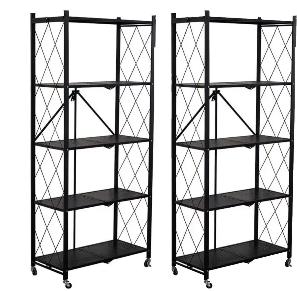 FOXSPORT Inklapbare stellingkast -5 plank kast - Opbergplanken - Met 360° wielen - 2 stuks - Open Vakkenkast - Keuken Opslag - Keuken Organizer - Stevig Opbergrek Magnetron - Keukenrek - Roestvrij Staal - Industrieel - 71.5x36.5x163cm - Zwart