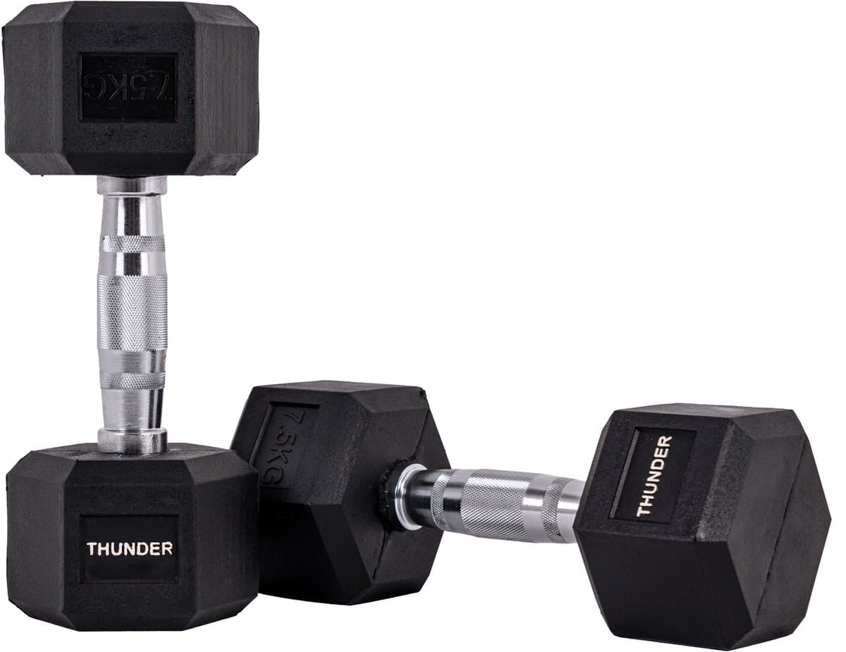 THUNDER® HEXAGONAL-DUMBBELLS-7,5KG Zwarte Rubberen Halter Stalen Kern Voor Krachttraining & Fitness Antislip Duurzaam & Professioneel Per Stuk - Stevige Grip