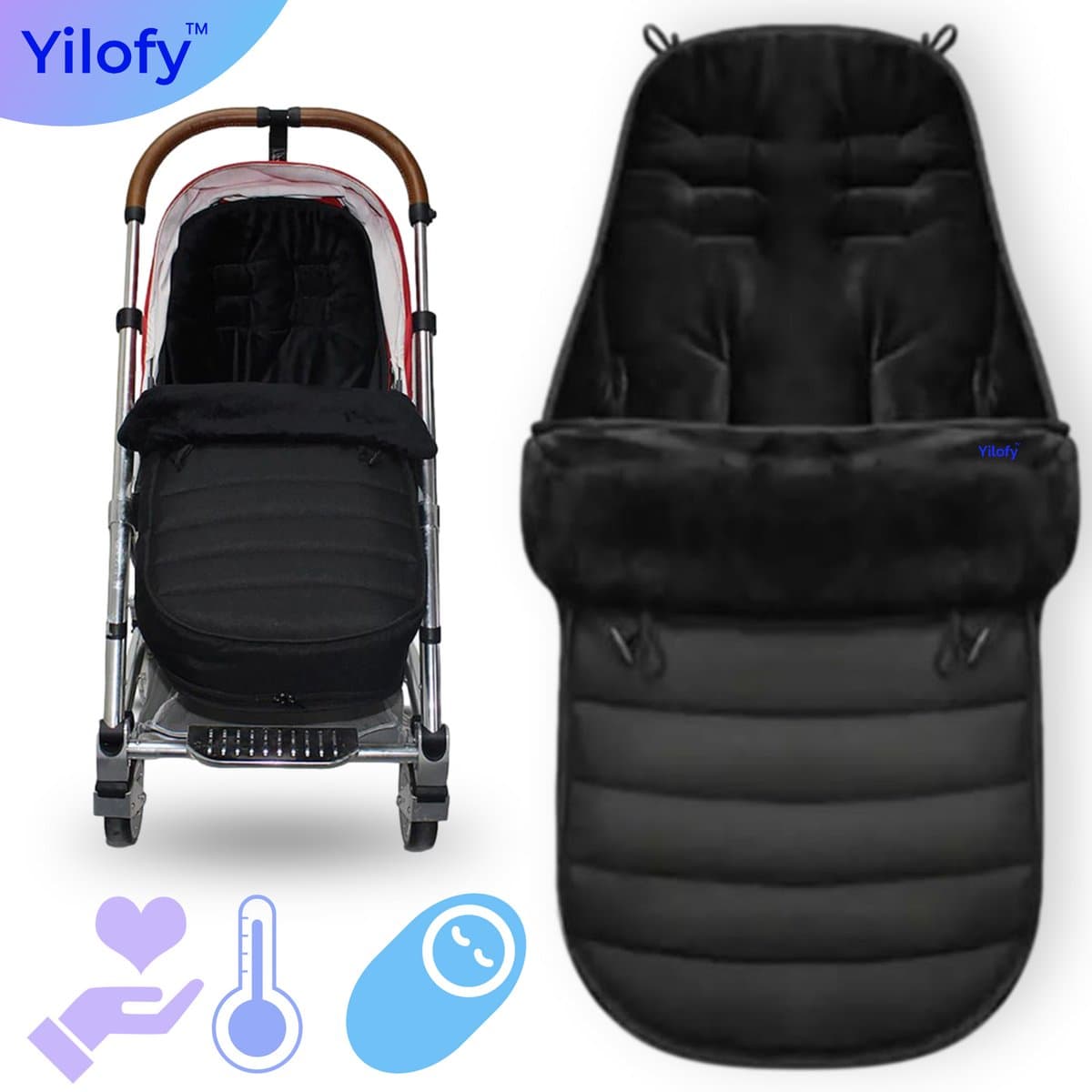 Yilofy Universele Luxe Voetenzak Babywagen & Autostoel Zwart Buggy Kinderwagen Voetzak Footmuff Maxi Cosi Baby