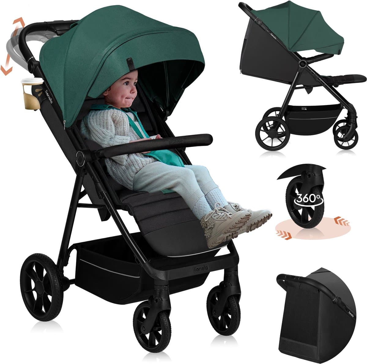 Lionelo Mira - Kinderwagen - Wandelwagen - Voor Kinderen tot 22 kg - Voorwielen 360° - Verstelbare Rugleuning & Handgreep - Waterdichte XXL Luifel met UPF50+ - 5-Puntsgordel - Grote Off-Road Wielen - Volledige Schokdemping - Compact Opvouwbaar