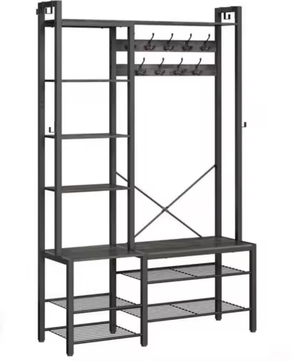 J&R Kapstok - Kapstok groot - Kledingrek - Garderobekast - Schoenenrek - Zitbank - Planken - Haken - Hout en metaal - Industrieel - Zwart - 120x190x40cm