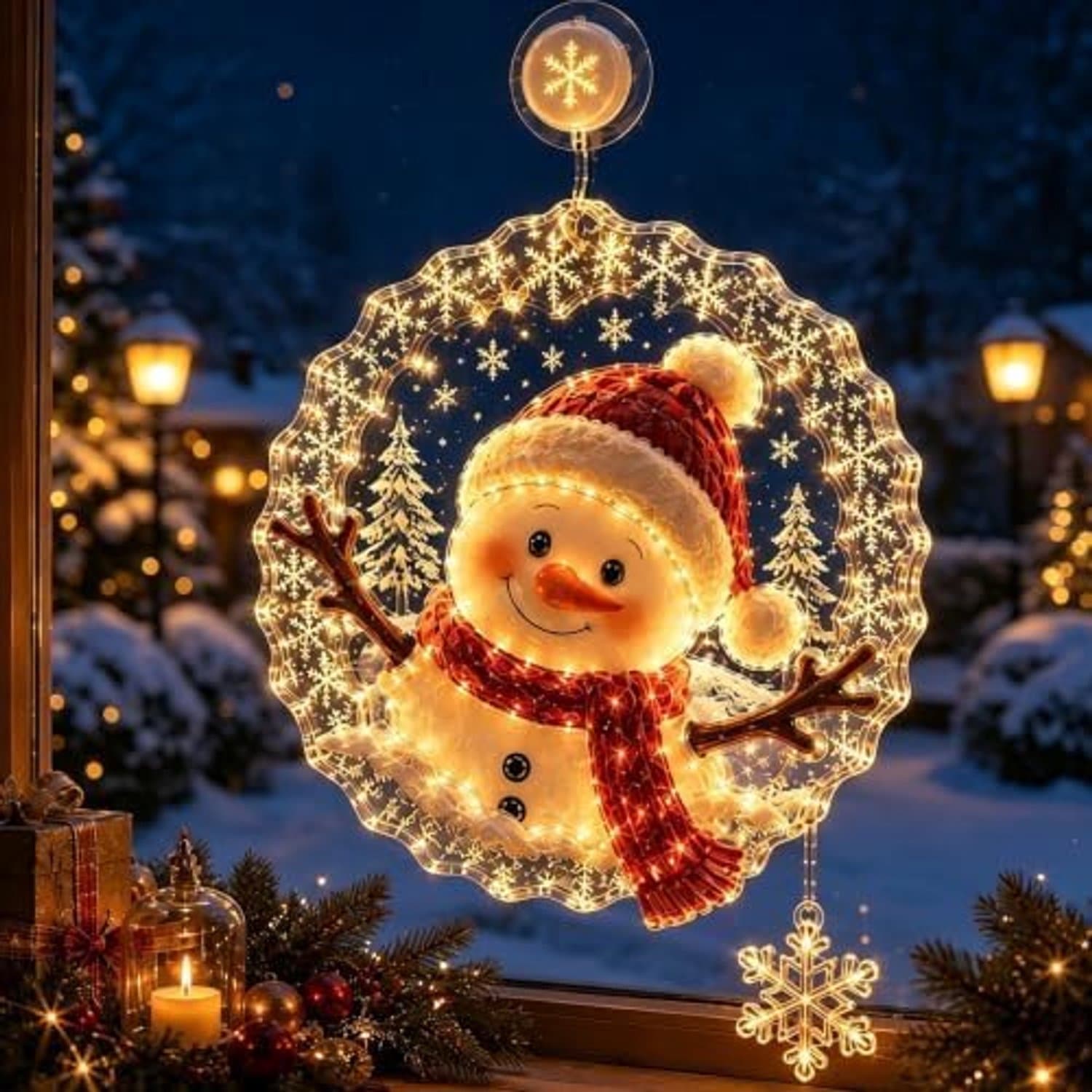 LED kerstverlichting - Verlichte kerstversiering - Decoratieve kerstverlichting - Hangende raamverlichting met zuignap - Kerstverlichting voor voor het raam - Verlichte kerstfiguren - Vlak acrylmateriaal - Geschikt voor ramen - Sneeuwpopversie