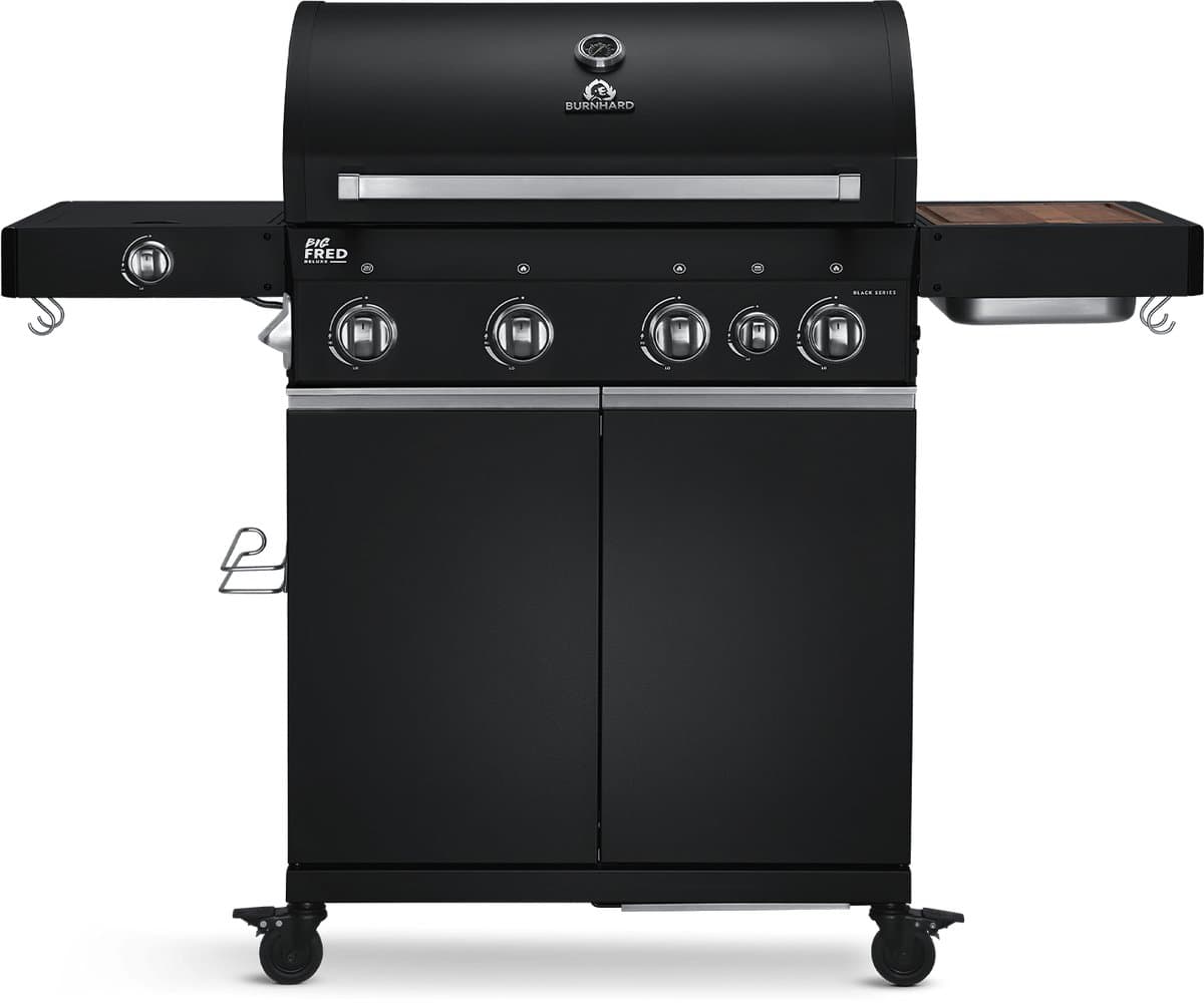 BURNHARD® 4 Branders gasbarbecue Big FRED Black Series 3 incl. achterbrander, keramische 900°C infraroodbrander, zijkookplaat, gietijzeren grillrooster + uitklapbare zijtafels