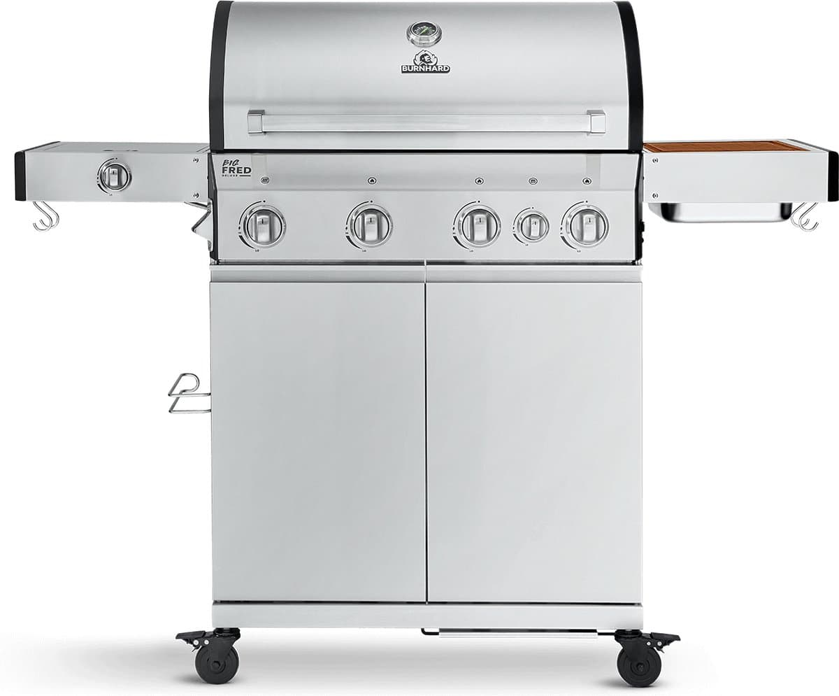 BURNHARD® 4 Branders gasbarbecue Big FRED Deluxe Series 3 incl. achterbrander, keramische 900°C infraroodbrander, zijkookplaat, gietijzeren grillrooster + uitklapbare zijtafels