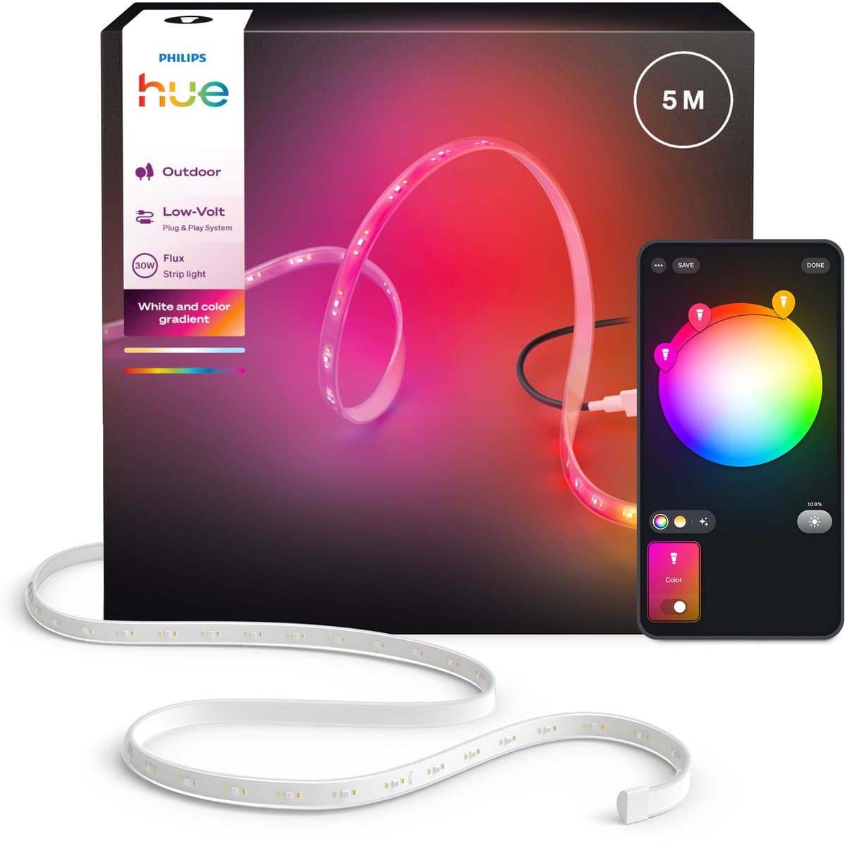 Philips Hue Flux LED strip voor buiten 5 m, Nauwkeurige kleurovergangen van Chromasync™ Helder, echt wit licht 3000 lumen