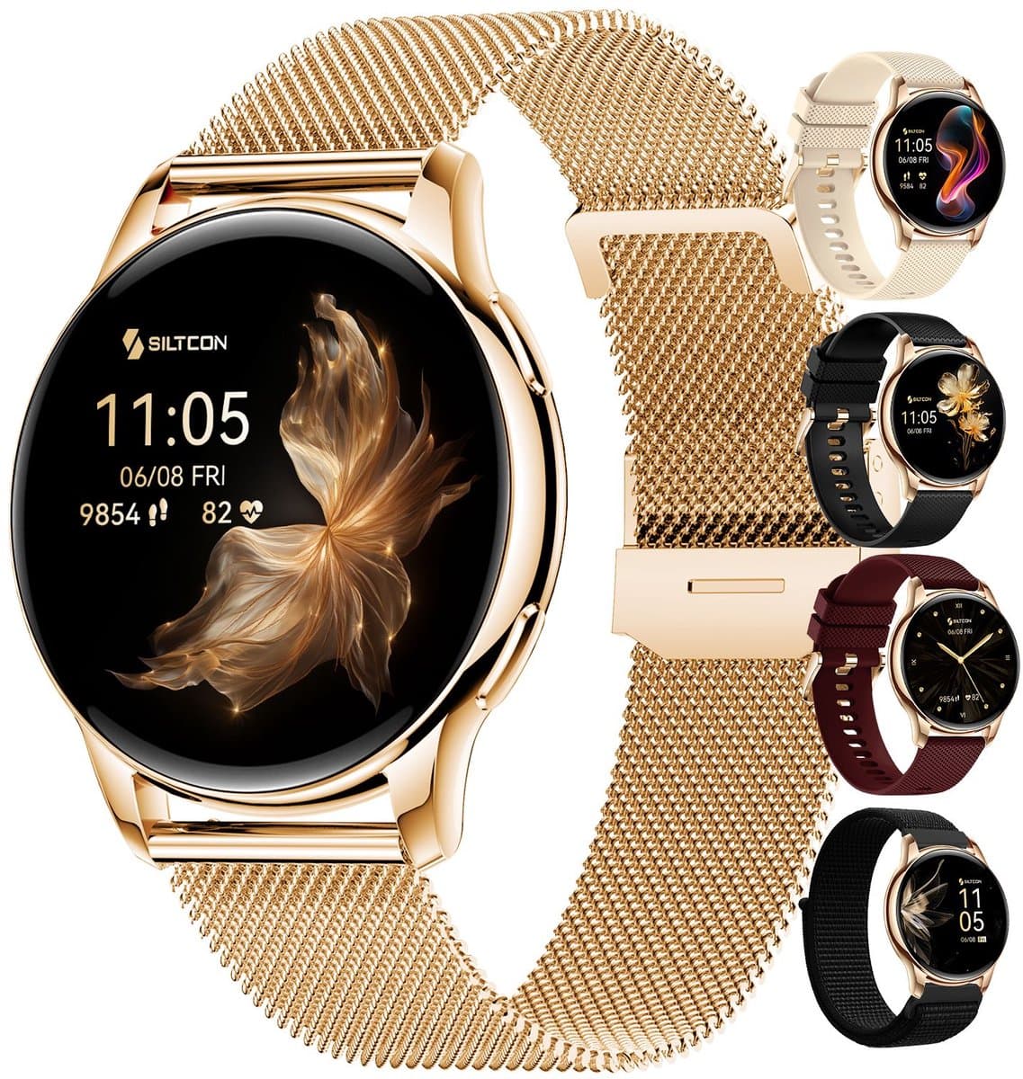 Siltcon® Auréa Smartwatch Dames - Horloge Dames - Stappenteller Horloge Dames - Hartslagmeter - Slaapmonitor - Saturatiemeter - Geschikt voor iOS/Android - AMOLED - RVS - Elke pols - Incl. 5 Bandjes