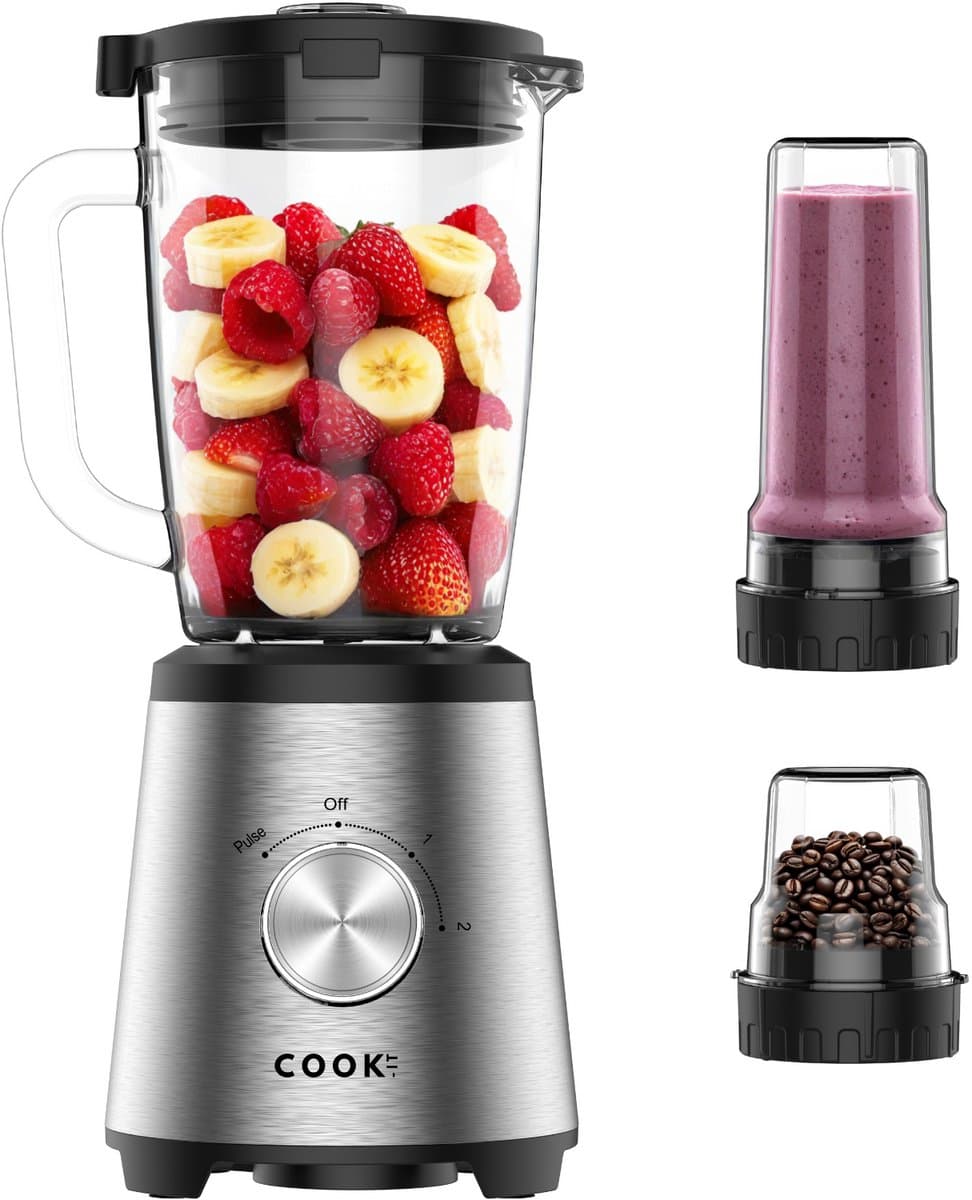 COOK-IT 3-in-1 Blender - 1500W - RVS Design - Glazen Blenderkan 1,75L - Kruidenmolen 200ml - Smoothie Meeneembeker 600ml - 2 Snelheden + Pulsefunctie - Krachtige Multifunctionele Keukenmixer