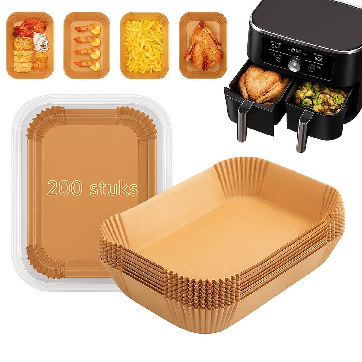 Airfryer Bakpapier voor Dubbele Heteluchtfriteuse – 200 Stuks, 22x14 cm – Te gebruiken voor: Ninja AF300EU, AF400EU, AF451EU, AF500EU, SL400EU en Andere Tweezone Airfryers