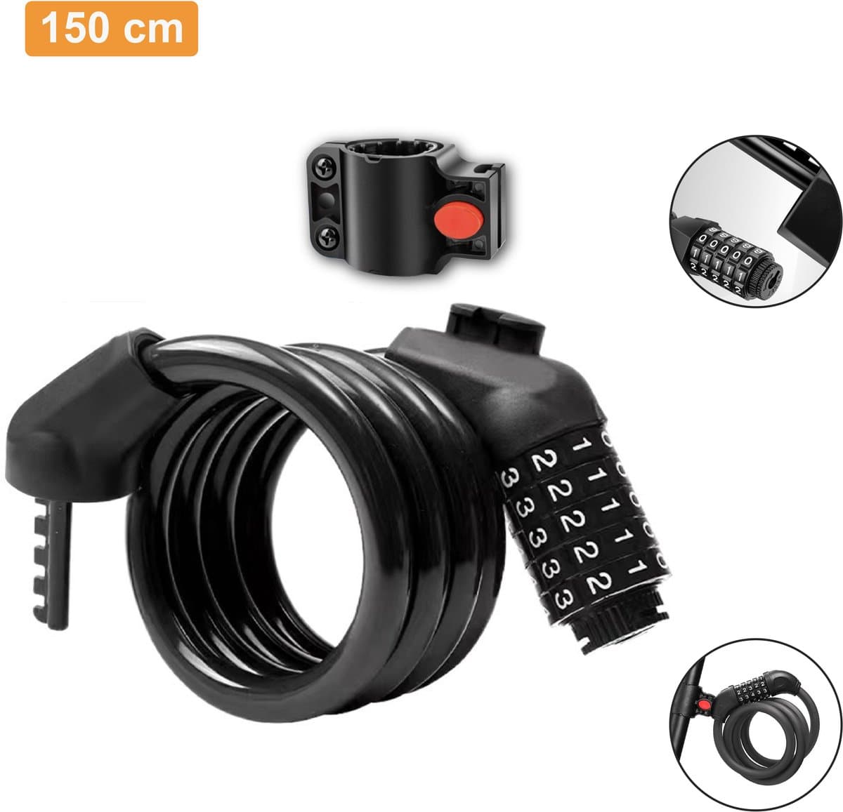 Colorful Sun® Fietsslot met cijferslot - Ø12mm / 150cm - Met vaste beugel - 1 stuk - Kabelslot Fiets - Slot voor Fietsen - Motorslot - Fietssloten electrische fietsen - Code Kabelslot - Cijfercombinatieslot - Zwart