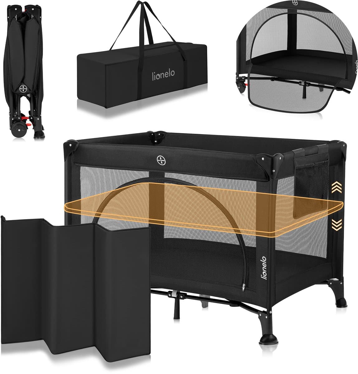 Lionelo Laura Campingbedje 2in1 – Reisbedje & Babybedje – 0-36 Maanden – 2 Matrasniveaus – Compact & Lichtgewicht – Schuimmatras – 2 Wielen met Rem – Mesh Zijpanelen – Zij-ingang – Opbergvak – Inclusief Draagtas
