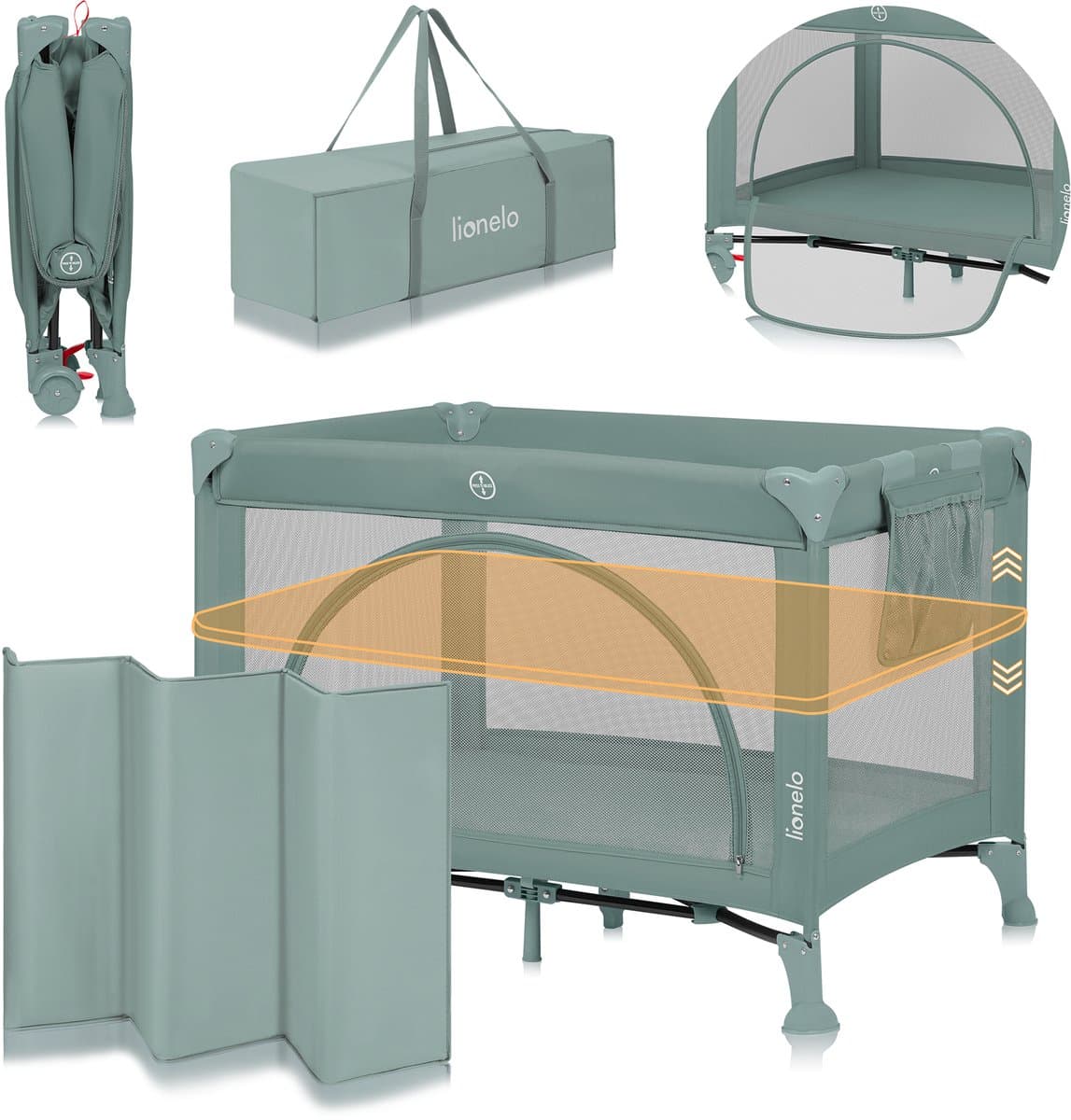 Lionelo Laura Campingbedje 2in1 – Reisbedje & Babybedje – 0-36 Maanden – 2 Matrasniveaus – Compact & Lichtgewicht – Schuimmatras – 2 Wielen met Rem – Mesh Zijpanelen – Zij-ingang – Opbergvak – Inclusief Draagtas