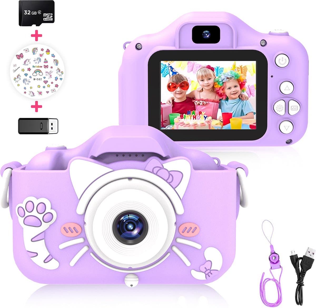 Ilona® Digitale Kindercamera HD 1080p inclusief stickervel - Speelgoedcamera - 32GB micro sd kaart - Fototoestel Voor Kinderen - Selfie Camera - Paars