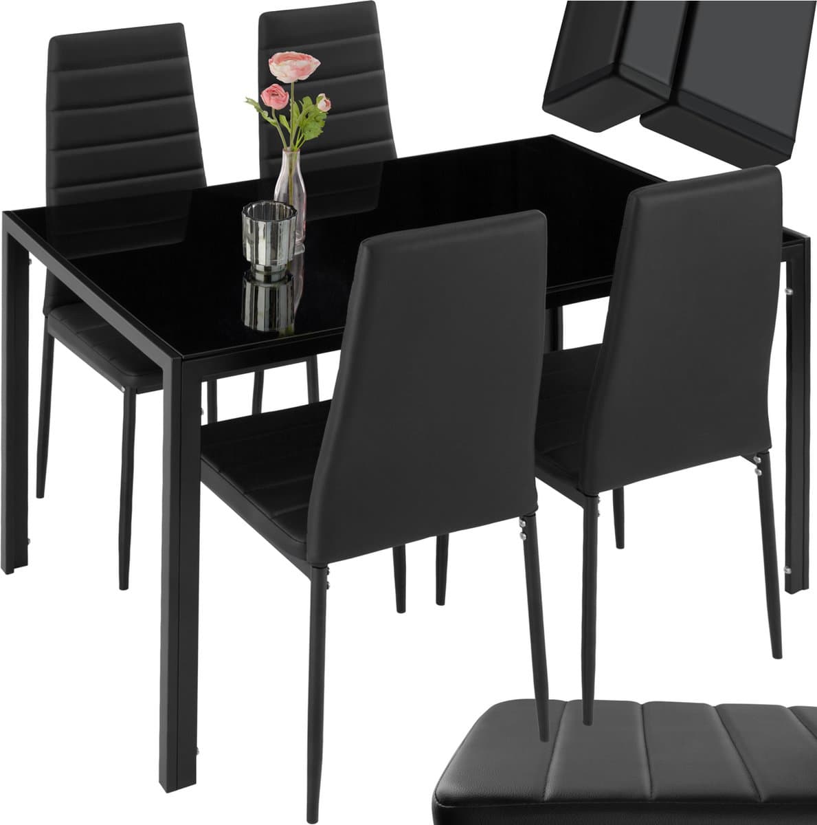 tectake® Eetkamerset met 4 Eetkamerstoelen - Eettafel met glazen blad - 120 x 70 x 75 cm - Eethoek set Tafel en Stoelen - Set van 4 Stoelen met kunstleer - Zwart