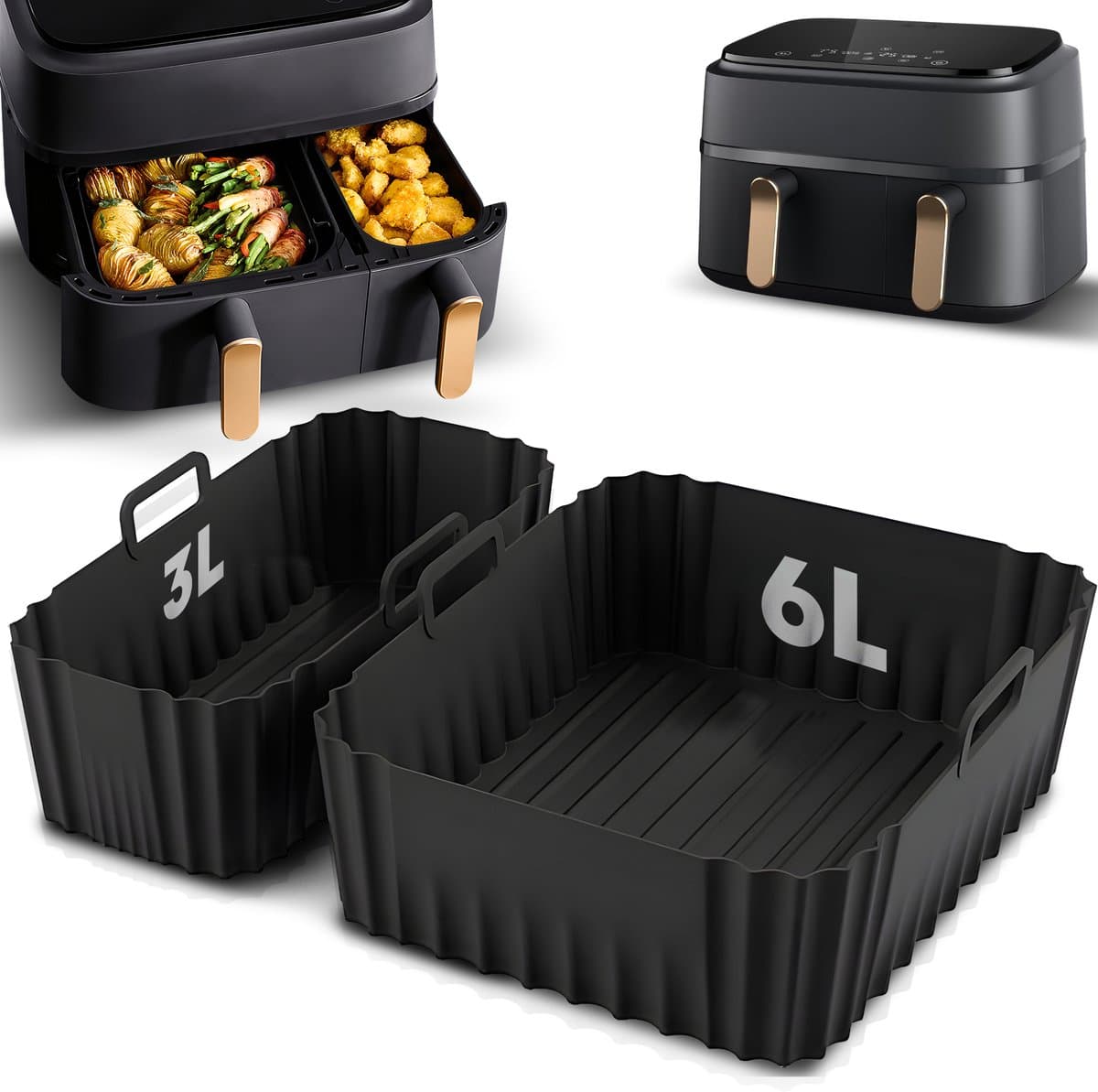 Bewern 2 Stuks Siliconen Bakvormen - 6L en 3L - Geschikt voor Philips Airfryer Dual Basket 3000 Series - Accessoires voor Dubbele Airfryer - Siliconen Bakje
