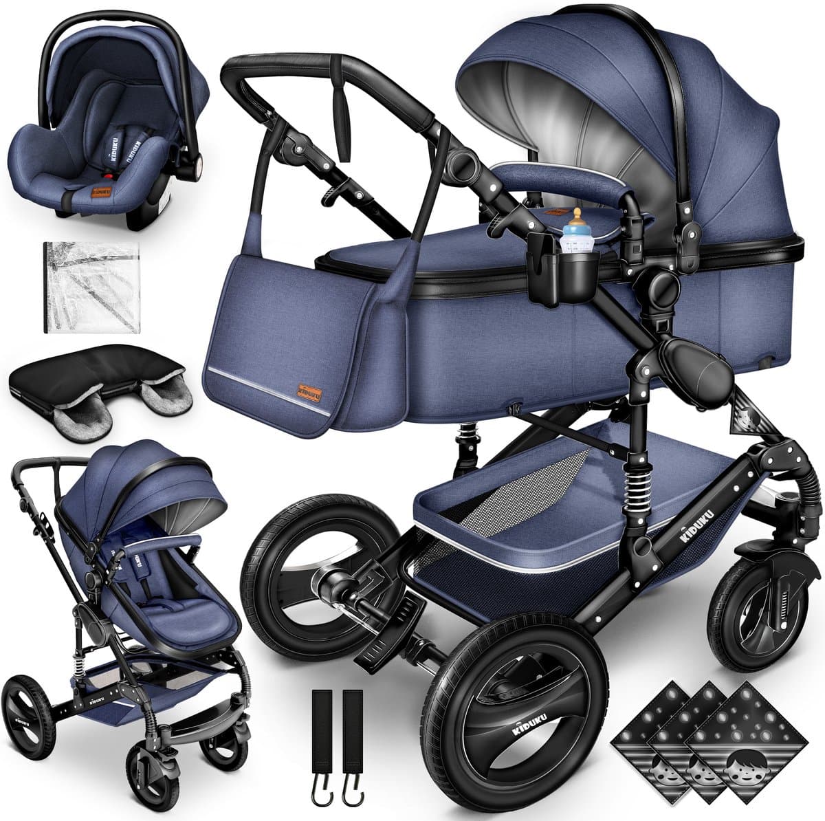 Buggy-Kinderwagen 3 in 1-kinderwagens Complete Set -One -Click Opvouwbare Kinderwagen-Kinderwagen Set voor Baby's Pasgeborenen XXL Set-(Blauw / Zwart).