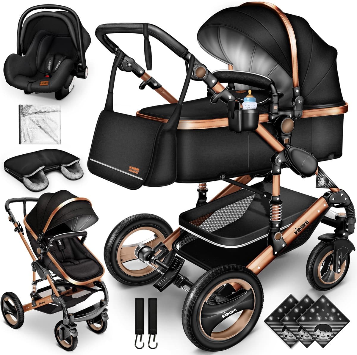Buggy-Kinderwagen 3 in 1-kinderwagens Complete Set -One -Click Opvouwbare Kinderwagen-Kinderwagen Set voor Baby's Pasgeborenen XXL Set-(Zwart / Goud).