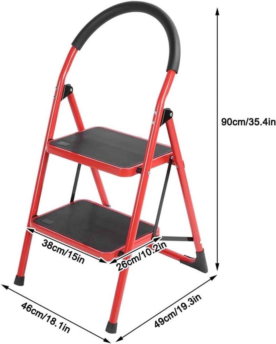 Borvat® Opvouwbare stalen trapladder – Stevige huishoudtrap – Ladder met 2 treden – Antislip ontwerp – Compact opstapje – Stabiel hulptrapje – Veilige trapladder-Rood