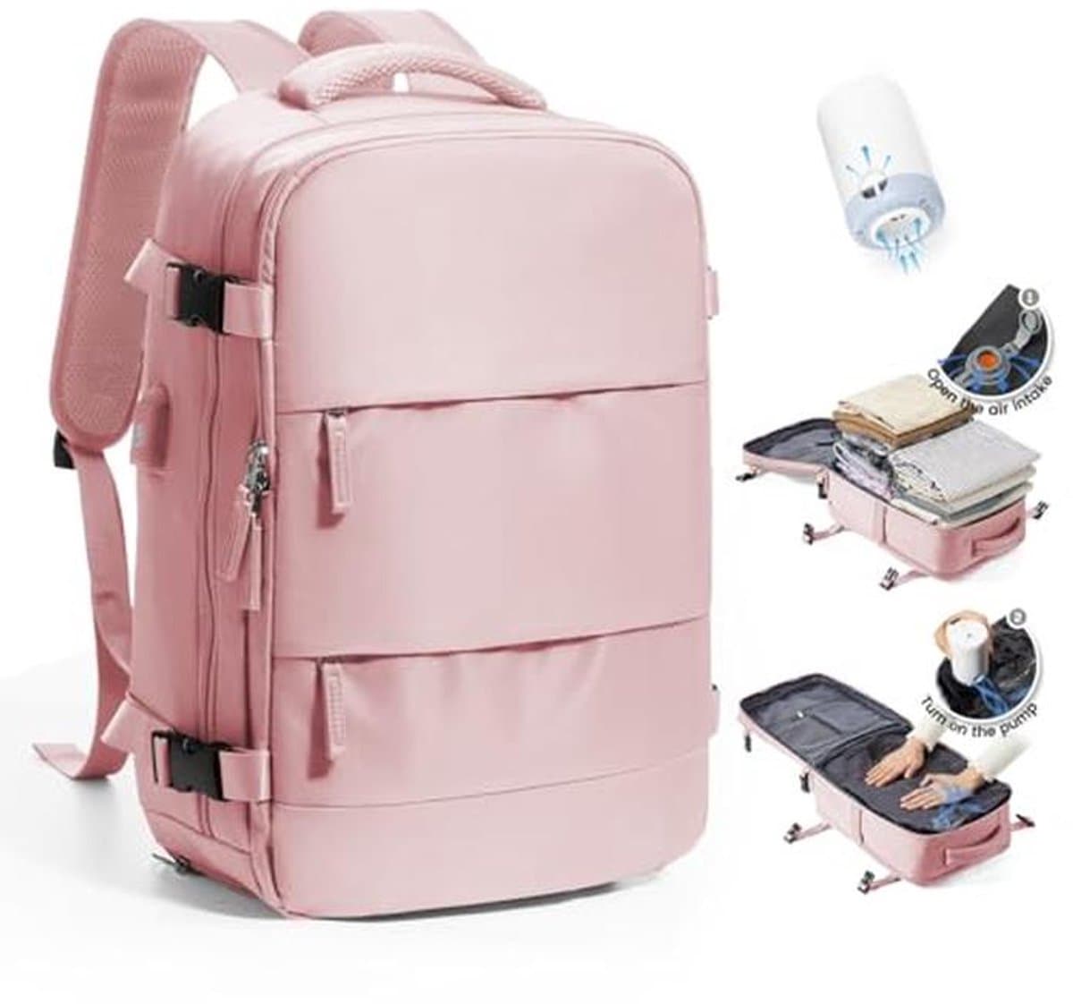 Vacuum Backpack Travel Bag with Pump, Large Travel Backpack Women Men, Carry On Hiking Waterproof Outdoor Casual Daypack Suitable for 14 Inch Laptop with USB Charging Port Shoe Compartment