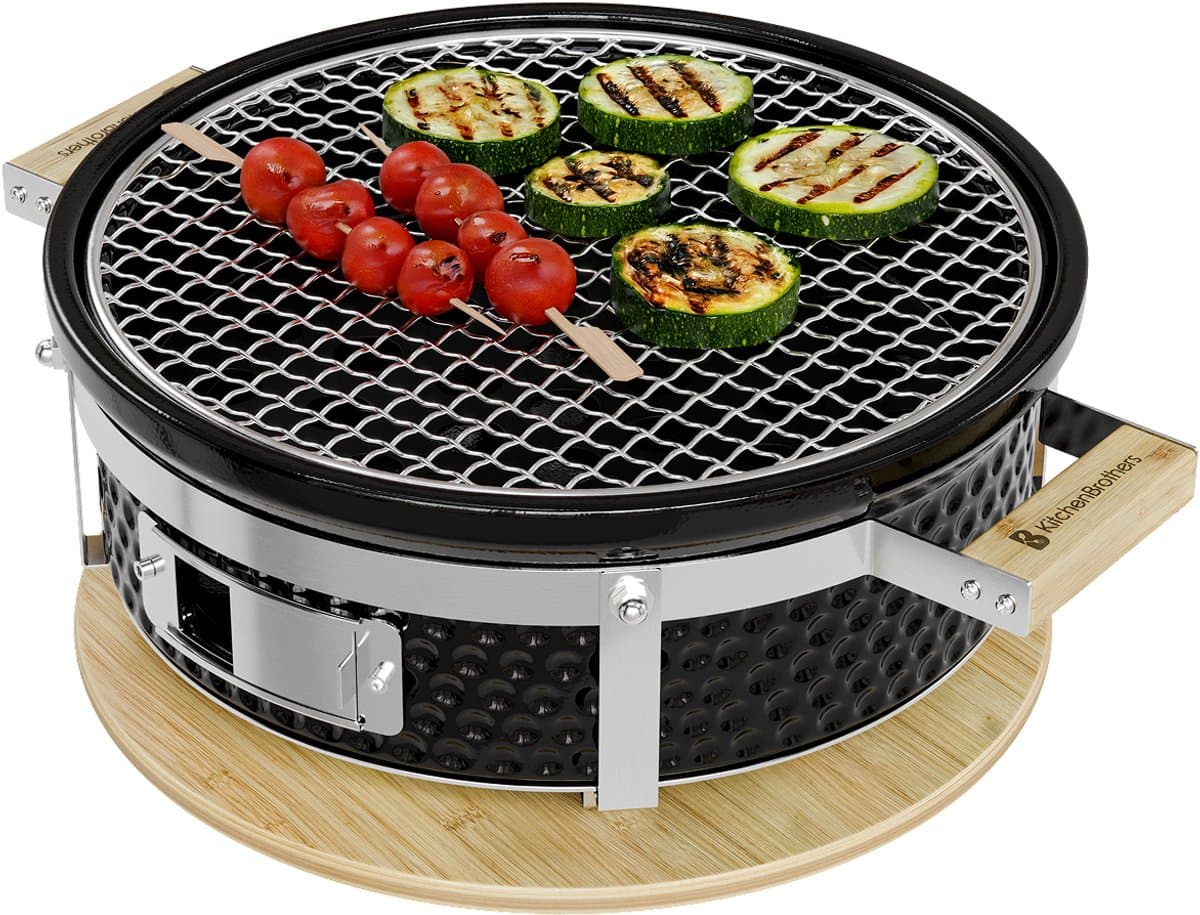 KitchenBrothers Kamado Hibachi Grill - Houtskool Barbecue - Shichirin Tafelgrill - PFAS-vrij - Ronde BBQ - Keramische Barbecue - Zwart