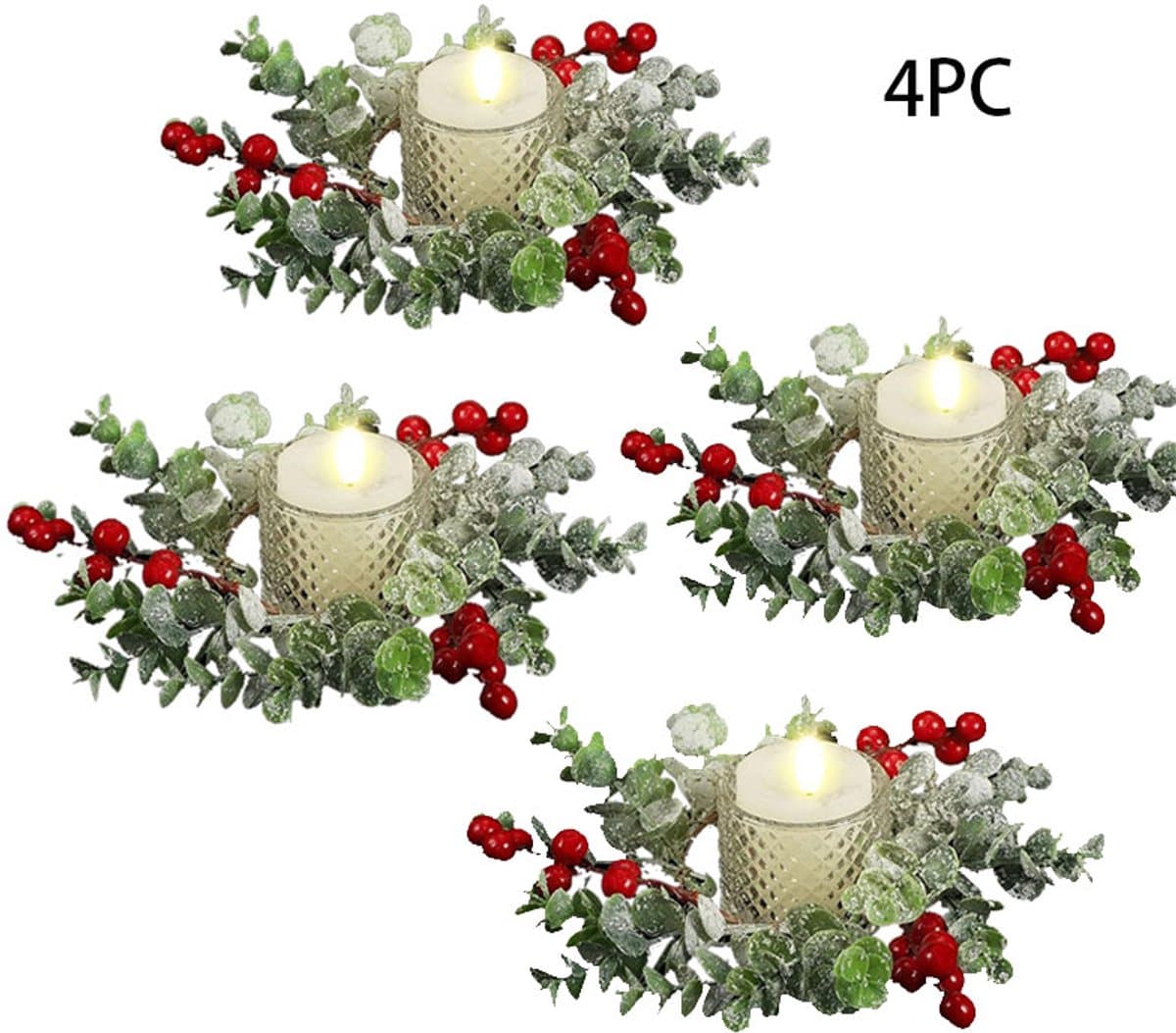 4-Stuks Kerstkaarskrans - Kerstkrans - Bloemenkrans - Kerstdecoratie - Minikaarskrans - Met kunstmatige rode bessen - Kersttafeldecoratie - Geschikt voor kersttafeldecoraties, feesten en feestdagen - Groen