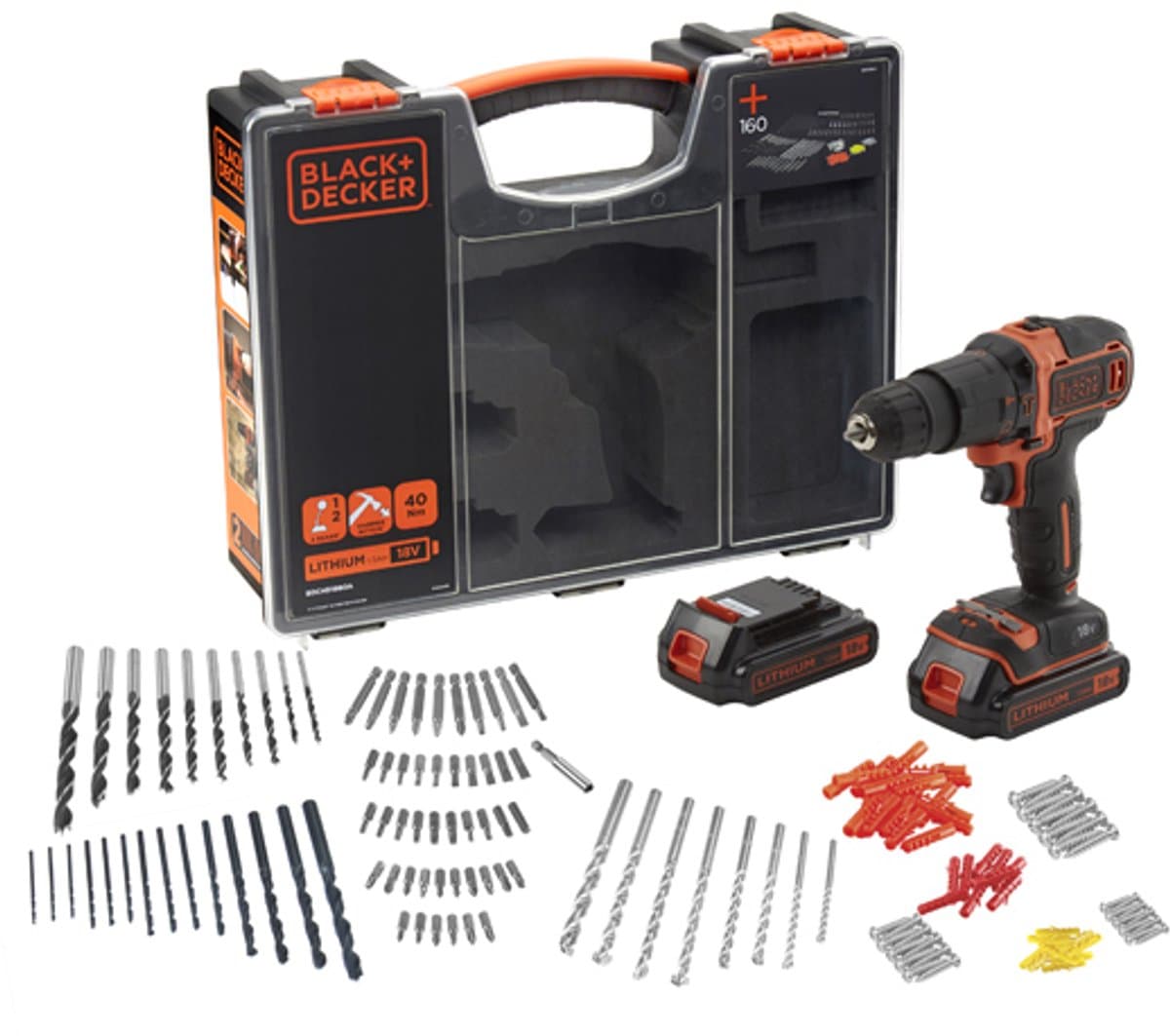 BLACK+DECKER 18V Schroef-/KLOPboormachine 2x 18V 1.5Ah accu’s 160 acc - BDCHD18BOA-QW