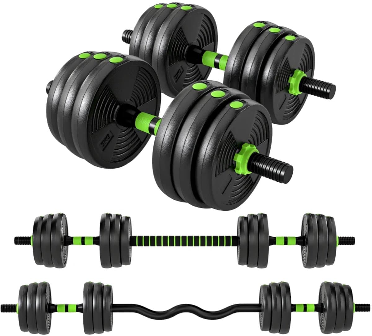 3-in-1 Verstelbare Dumbbells, Halter & Kettlebell Set - Gewichten Set met 12 Schijven: 4 x 2 kg, 4 x 1,5 kg, 4 x 1,25 kg- 20 KG Verstelbare Halterset - Thuis Fitness - Thuisgym - Zwart/Groen