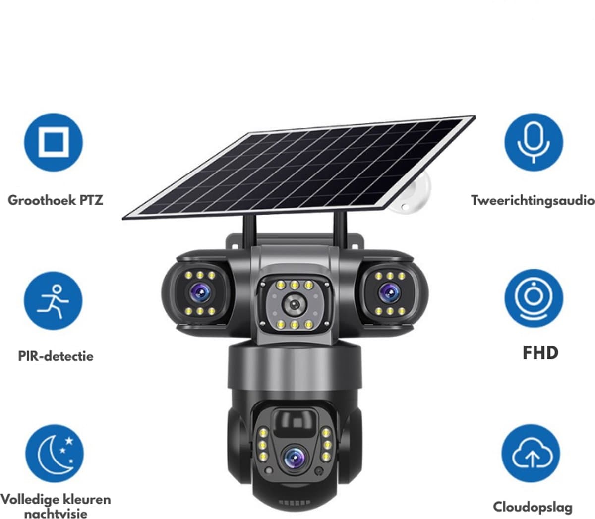 Narvie 3 Lens Solar Beveiligingscamera Wifi – 6MP – PTZ Draaibaar – Nachtzicht – PIR & Radar Detectie – V380 Pro – IP66