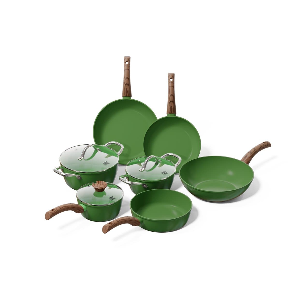 Cook & Pan 7-Delige Pannenset Groen - PFAS vrij - Alle Warmtebronnen - Pannen Set met 7 jaar Garantie - Krasbestendige Anti Aanbaklaag - Vaatwasserbestendig - Gas, Inductie, Elektrisch, Oven - Koekenpan, Wokpan, Steelpan, Hapjespan, Kookpot