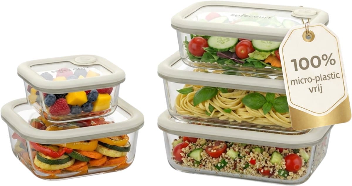Safecourt vershoudbakjes - volledig van glas (100% micro-plastic vrij) - oven, vriezer, magnetron en vaatwasser - 5 delige set