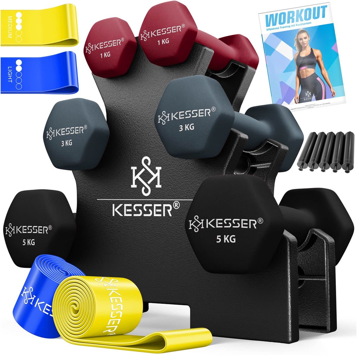 KESSER® Dumbells Set 3 Paren | Gewichten Set met Standaard | verstelbare Dumbell Geschikt voor Krachttraining | Halterset met oefeningenboekje, 2x fitnessbanden