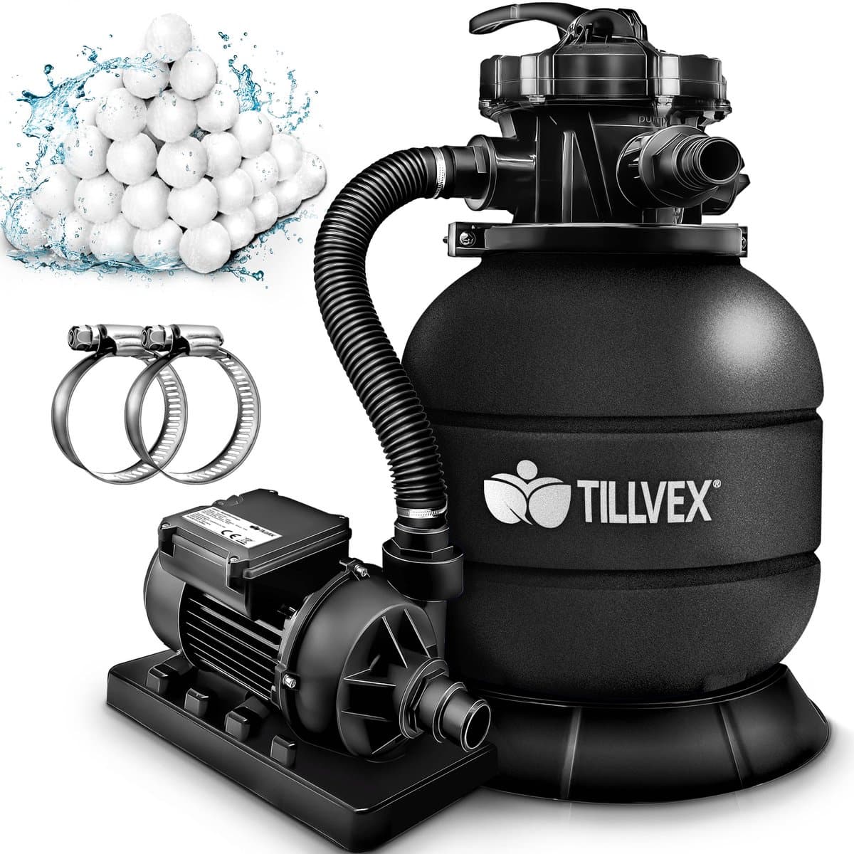 tillvex Zandfiltersysteem 7.900L/h + 400g Filterkogels | Zandfilterinstallatie filterinstallatie 7-weg ventiel & Adapter Ø32-38mm | Zwembadfilter met drukweergave | Zandfilter zwembad (Zwart)